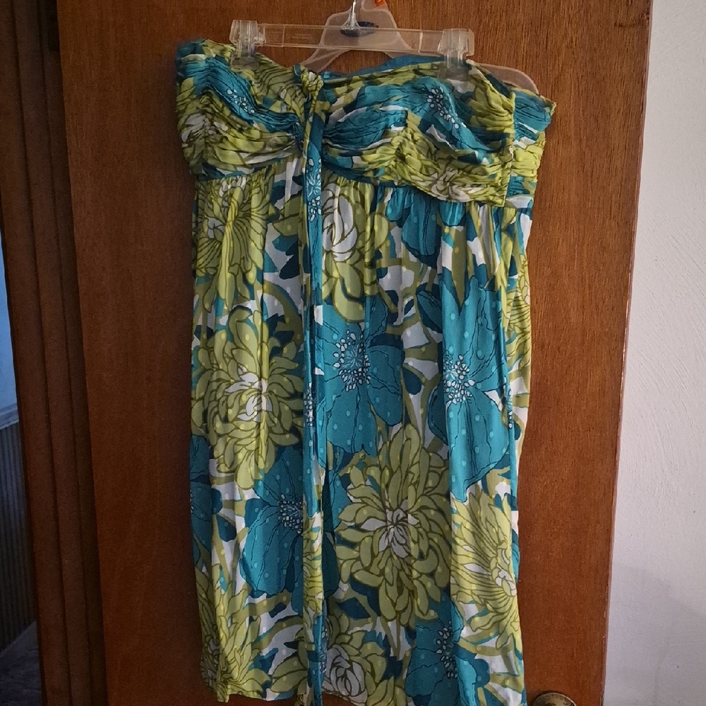Ann Taylor Floral Strapless Dress - Blue and Green
